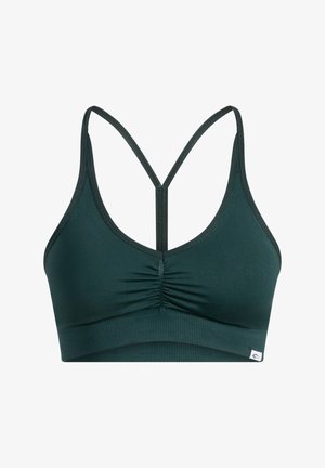 Dunkelgrüner Sport-BH mit strukturiertem, gerafftem Design, dünnen Trägern im Racerback-Stil und einem gerippten Bund am unteren Rand.