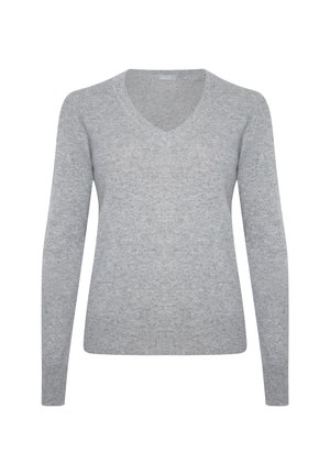 V-neck, long-sleeve sweater in light gray knit fabric with a soft texture and a simple, streamlined design.