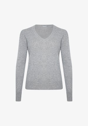 V-neck, long-sleeve sweater in light gray knit fabric with a soft texture and a simple, streamlined design.