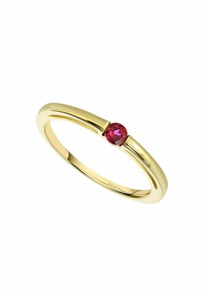 Goldring mit einem glatten, runden Band und einem zentralen, runden roten Edelstein. Das Design weist eine elegante, minimalistische Form und eine polierte Oberfläche auf.