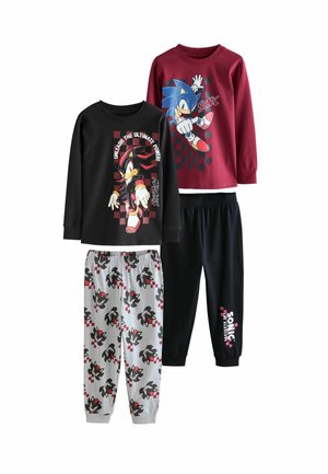 Due set di pigiami per bambini con maglie a maniche lunghe e pantaloni. Maglie nere e bordeaux con stampe grafiche; pantaloni grigi con un motivo di personaggi.