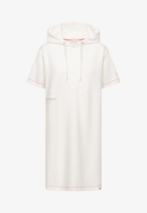 Biała, krótkorękawowa sukienka z kapturem i troczkami, delikatnym pomarańczowym przeszyciem na rękawach i brzegu oraz subtelnym napisem po lewej stronie.