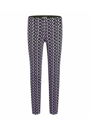 Slim-fit broek met een geometrisch patroon van zwarte en lichtpaarse driehoeken en een sluiting met knopen aan de voorkant.