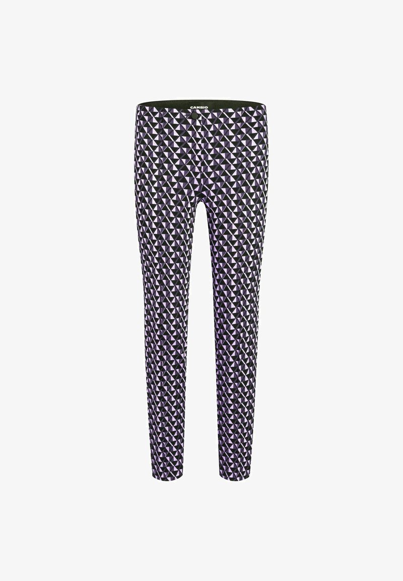 Pantalon ajusté avec un motif géométrique triangulaire noir et violet clair et une fermeture avant à boutons.