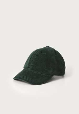 Dark green corduroy baseball cap with a curved brim, textured surface, and small ventilation holes on each side.