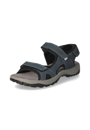 Donkerblauwe sandalen met verstelbare banden, een gestructureerd materiaal en een grijze rubberen zool. Bevat stiksels en ventilatiegaten voor ademend vermogen.