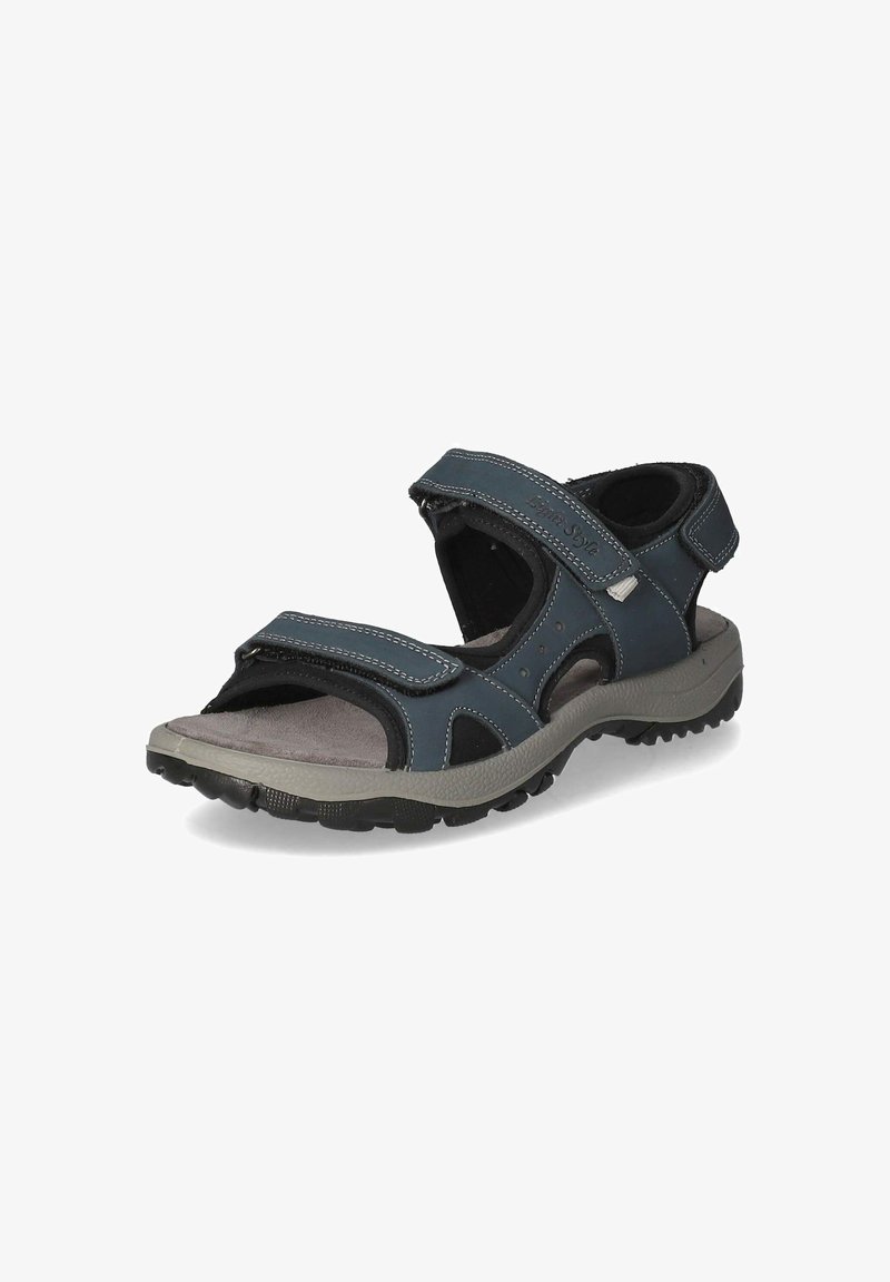Donkerblauwe sandalen met verstelbare banden, een gestructureerd materiaal en een grijze rubberen zool. Bevat stiksels en ventilatiegaten voor ademend vermogen.