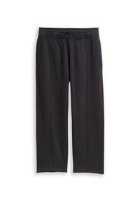 Zwarte rechte broek met elastische tailleband en zijzakken, met verticale naden langs de voorkant.