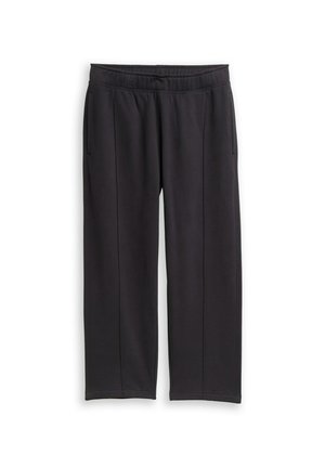 Zwarte rechte broek met elastische tailleband en zijzakken, met verticale naden langs de voorkant.