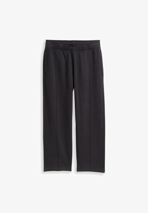 Zwarte rechte broek met elastische tailleband en zijzakken, met verticale naden langs de voorkant.