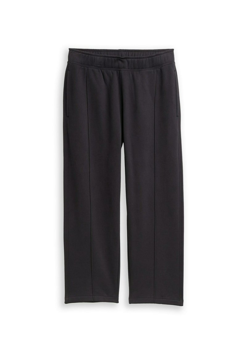 Zwarte rechte broek met elastische tailleband en zijzakken, met verticale naden langs de voorkant.
