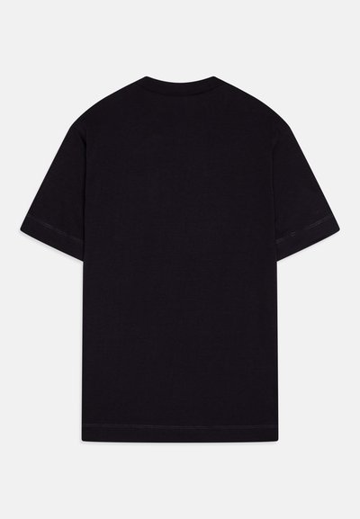 Black short-sleeve t-shirt made of cotton, featuring a crew neck and straight hem. Smooth texture with visible stitching on sleeves.