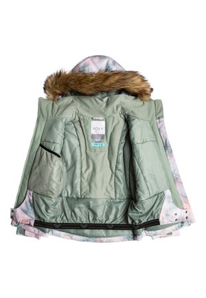 Giacca invernale verde con cappuccio in pelliccia sintetica. L'interno presenta numerose tasche e un leggero motivo pastello foderato. Tessuto morbido al tatto.