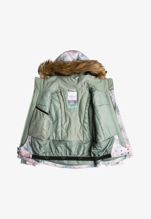 Zelená zimná bunda s umelou kožušinou na kapucni. Interiér obsahuje niekoľko vreciek a na podšívke má svetlý pastelový vzor. Mäkká textúra materiálu.