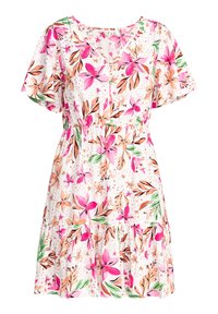 Bloemenjurk met een V-hals en korte mouwen. Kenmerkt zich door roze en groene bloemen op een witte achtergrond. Elastische taille en gelaagde zoom.
