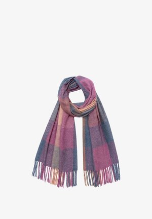 Multicolor plaid scarf made of soft fabric, featuring shades of blue, pink, and beige, with fringed edges. Lightweight and warm.