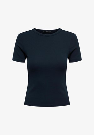 Κοντομάνικη μπλούζα σε ναυτικό μπλε χρώμα με ριμπ υφή και στρογγυλή λαιμόκοψη, διαθέτοντας εφαρμοστή γραμμή και απαλή, λεία υφή υφάσματος.