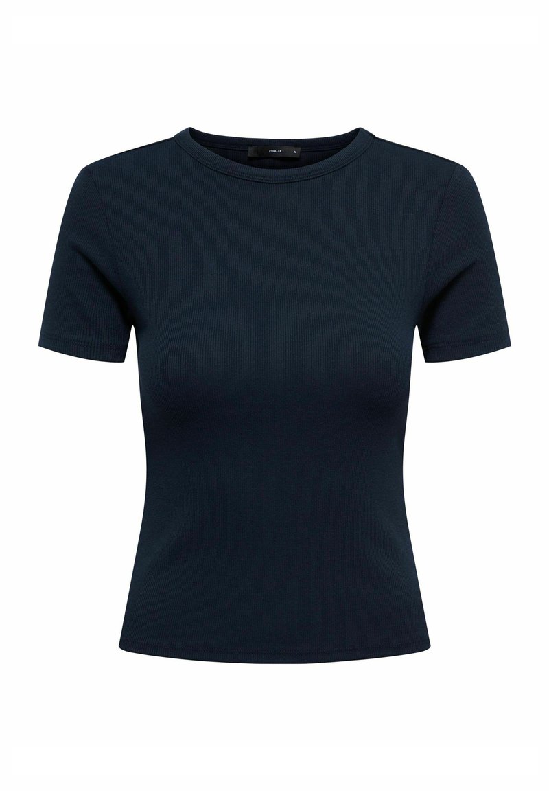 Κοντομάνικη μπλούζα σε ναυτικό μπλε χρώμα με ριμπ υφή και στρογγυλή λαιμόκοψη, διαθέτοντας εφαρμοστή γραμμή και απαλή, λεία υφή υφάσματος.