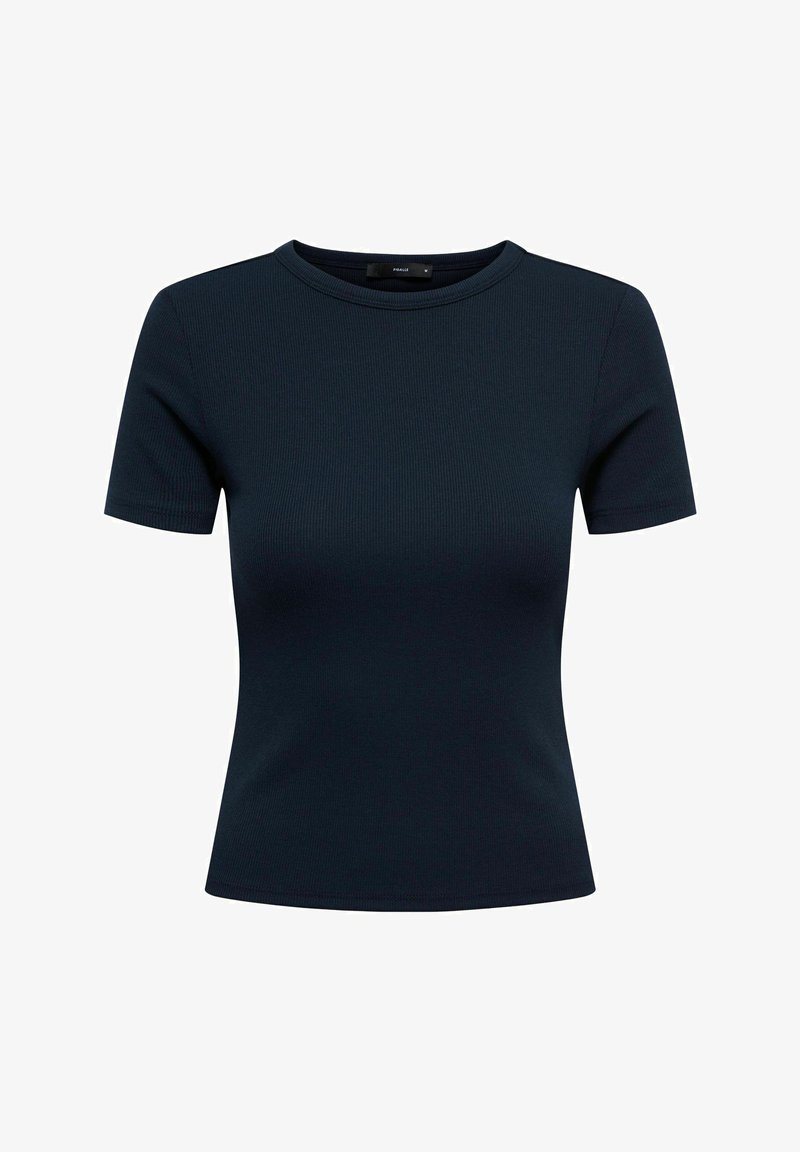 Κοντομάνικη μπλούζα σε ναυτικό μπλε χρώμα με ριμπ υφή και στρογγυλή λαιμόκοψη, διαθέτοντας εφαρμοστή γραμμή και απαλή, λεία υφή υφάσματος.