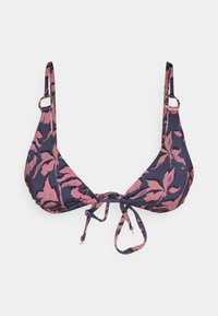 Trekantet bikini topp i marinblått med rosa blomstermønster. Har hardware i gulltone og en frontknute. Glatt stofftekstur.