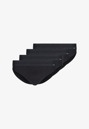 Vier schwarze Herren-B briefs, übereinander angeordnet, jeweils mit einem elastischen Bund mit Markenlogo.