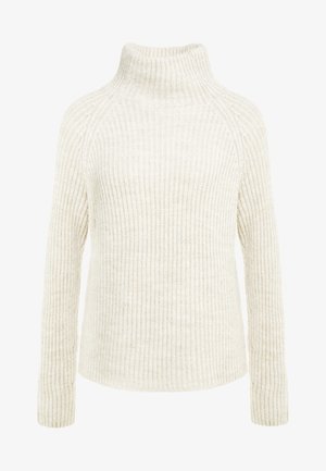 Cream-colored ribbed knit sweater with a high neck, long sleeves, and a relaxed fit. Textured fabric with subtle variations in shade.