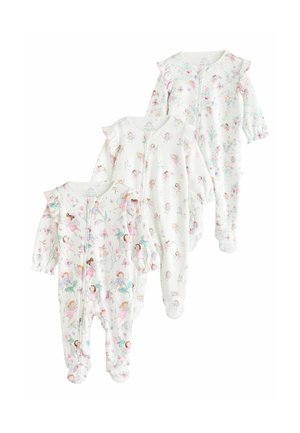 Tre vita babytrosor med lång ärm, volangaxlar och pastellfärgade mönster av féer och blommor, arrangerade i överlappande rader.