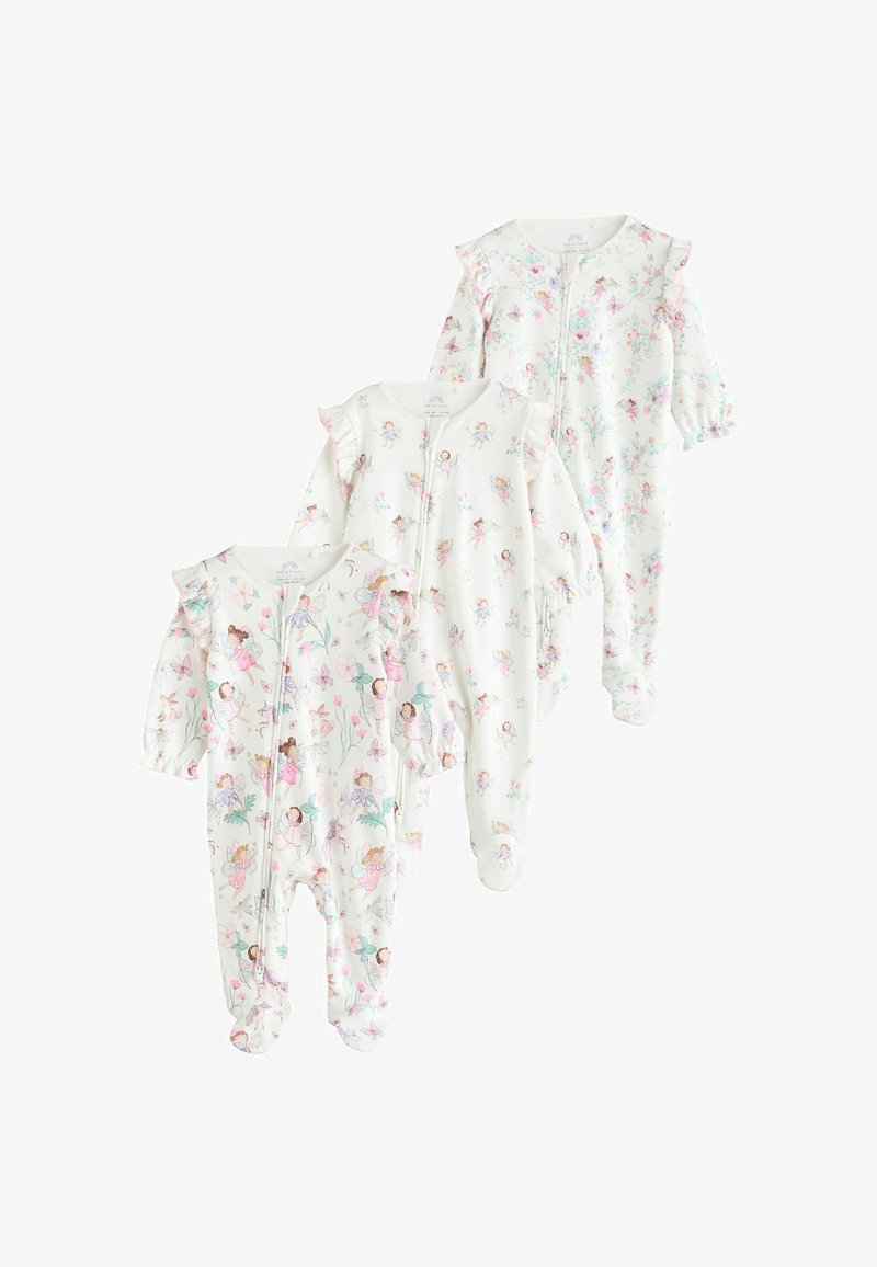 Tri bele otroške bodice s dolgimi rokavi, volanastimi rameni in pastelno pobarvanimi vzorci vil in cvetja, razporejeni v prekrivajočih se vrstah.