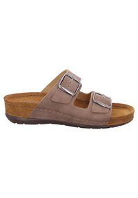 Sandali in suede marrone con due fibbie d'argento regolabili, soletta in sughero e suola in gomma flessibile. Design aperto sulla punta e sul tallone.