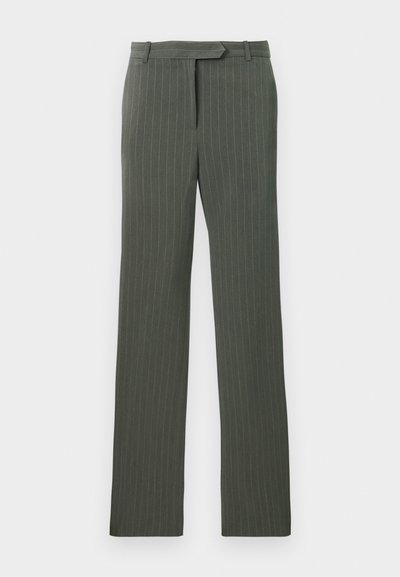 Dark gray pinstripe tailored trousers with belt loops and a straight-leg fit laid flat on a white background.