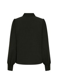 Zwarte langemouwen blouse met een kraag, gebreid materiaal en geknoopte manchetten. Beschikt over pofschouders en heeft een relaxte pasvorm.