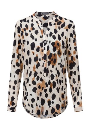 Long-sleeve blouse in lightweight fabric, featuring a cream background with black and brown leopard print, and a half-button placket.