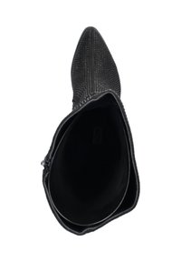 Black ankle boot with a pointed toe, textured upper featuring studded detailing, and a smooth interior lining. Zipper closure on one side.