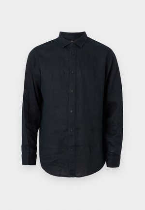 Camicia a maniche lunghe navy scuro con bottoni, realizzata in lino. Presenta un colletto a punta e un orlo leggermente curvo con polsini a bottone.