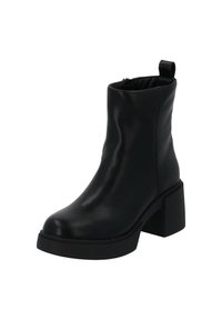 Bota de cuero negro hasta el tobillo con tacón cuadrado, textura suave y cierre de cremallera. Cuenta con una pequeña lengüeta en la parte posterior para facilitar el desgaste.