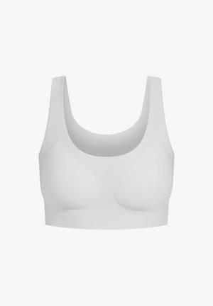 Soutien-gorge blanc en tissu lisse et extensible. Il possède un décolleté en scoop, des bretelles larges et des bonnets moulés doux. Design simple, sans quincaillerie ni motifs visibles.