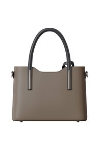 Brown synthetic handbag with a smooth texture, featuring black accents, two rounded handles, and a sculpted top edge.
