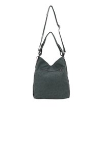 Borsa in finta suede verde scuro con un design morbido, tracolla regolabile e tasca con zip frontale. Texture liscia, forma arrotondata.