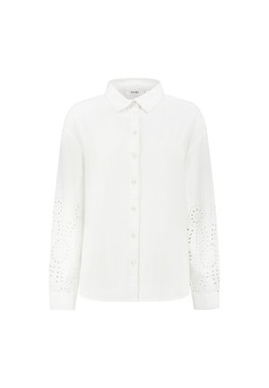 Valkoinen pitkähiha blouse, jossa on napitus edessä, kaulus ja monimutkainen broderie anglaise -kuviointi hihoissa. Sujuva puuvillakangas.