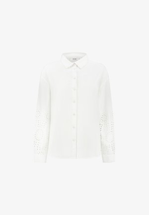 Valge pika varrukaga pluus nupuvajutuse esiosaga, krae ja keeruka broderie anglaise muster varrukatel. Sile puuvillane kangas.