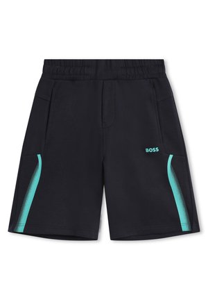 Shorts noirs avec une ceinture élastique confortable, présentant des accents turquoise et un logo sur la jambe gauche, ainsi que des poches latérales.