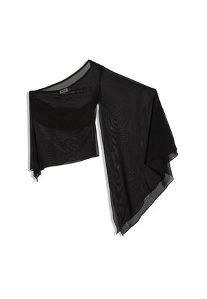 Czarny przezroczysty asymetryczny top z jednym długim rękawem i drapowanym przedłużonym materiałem z jednej strony.