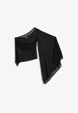 Čierny priehľadný asymetrický top s jedným dlhým rukávom a zamotanou predĺženou látkou na jednej strane.