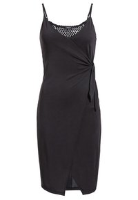 Robe portefeuille noire sans manches avec bretelles spaghetti ajustables, détail noué sur le côté et panneau en mesh au niveau du décolleté.