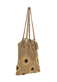 Hæklet tote taske i tan med gule og brune solsikke-motiver. Har to flettede håndtag og kvast-detaljer. Åben vævet design.