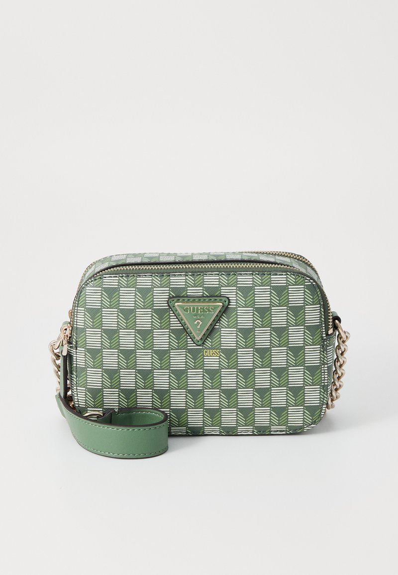 Borsa a tracolla verde con motivo geometrico, dettagli in oro e una tracolla rimovibile per opzioni di trasporto versatili.