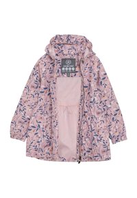 Rosa vandtæt jakke med blomsterprint, elastiske manchetter og hætte med snoretræk. Letvægts med en glat indvendig foring og lynlås-lukning.