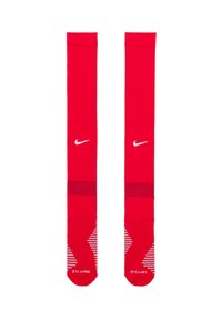 Calze in nylon rosse al ginocchio con logo Nike bianco, design a strisce testurizzate e etichettate "gamba sinistra" e "gamba destra" nella parte inferiore.