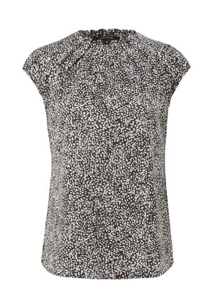 Black and white short-sleeve blouse with abstract dot pattern and gathered neckline, size 36, brand Comma.