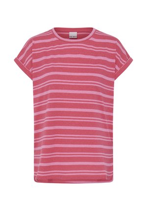 Tricou cu mânecă scurtă, cu dungi orizontale roz și roșii, guler rotund și tivuri pliate la mâneci.